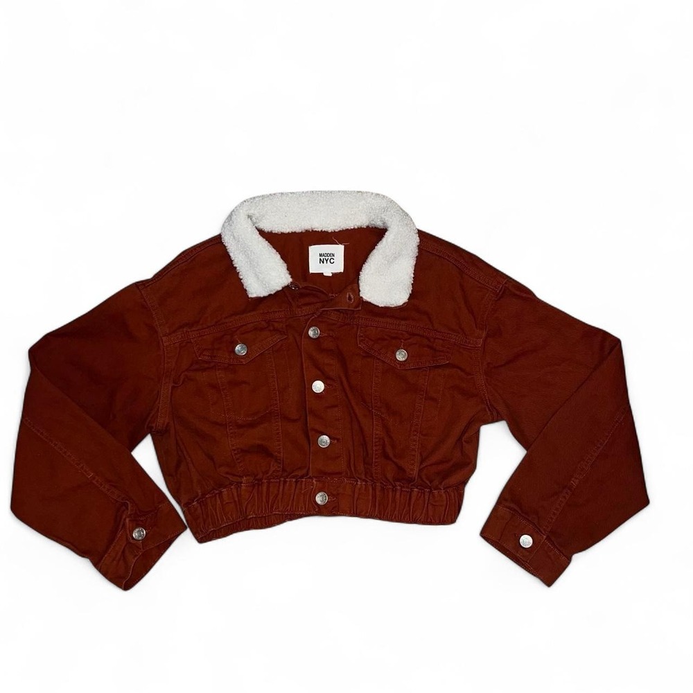Madden NYC cropped denim jacket in a rust orange color Size L